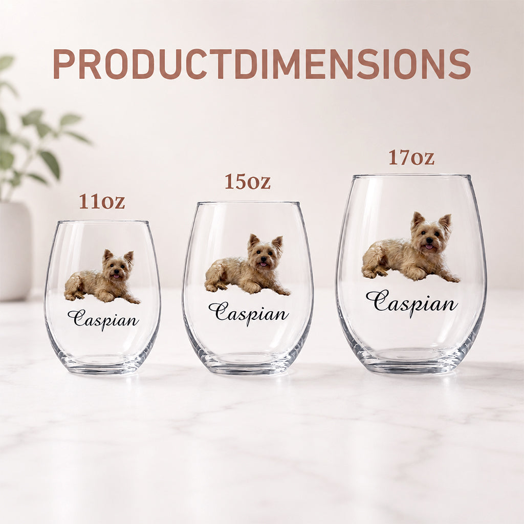 Close-up of full-color pet portrait and name printed on a personalized stemless wine glass