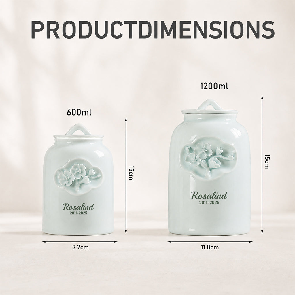 Size guide showing small and large options for the personalized ceramic floral relief pet urn