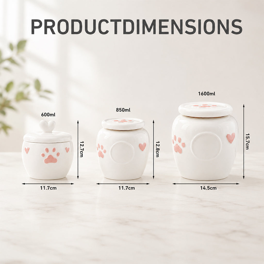 Size guide for ceramic dog cremation urn with photo window showing S, M, and L dimensions