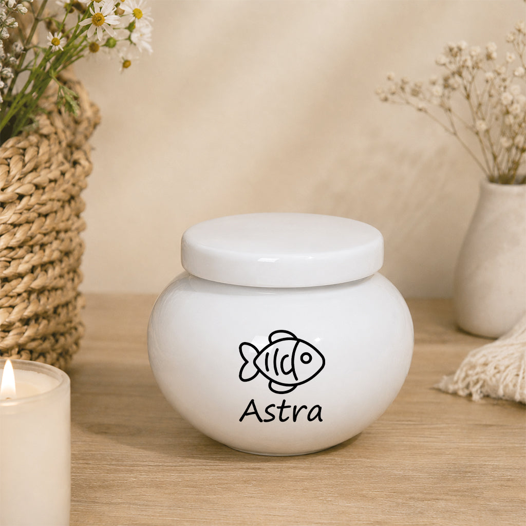 Personalized ceramic pet urn with custom name in Design D showing floral engraved pattern
