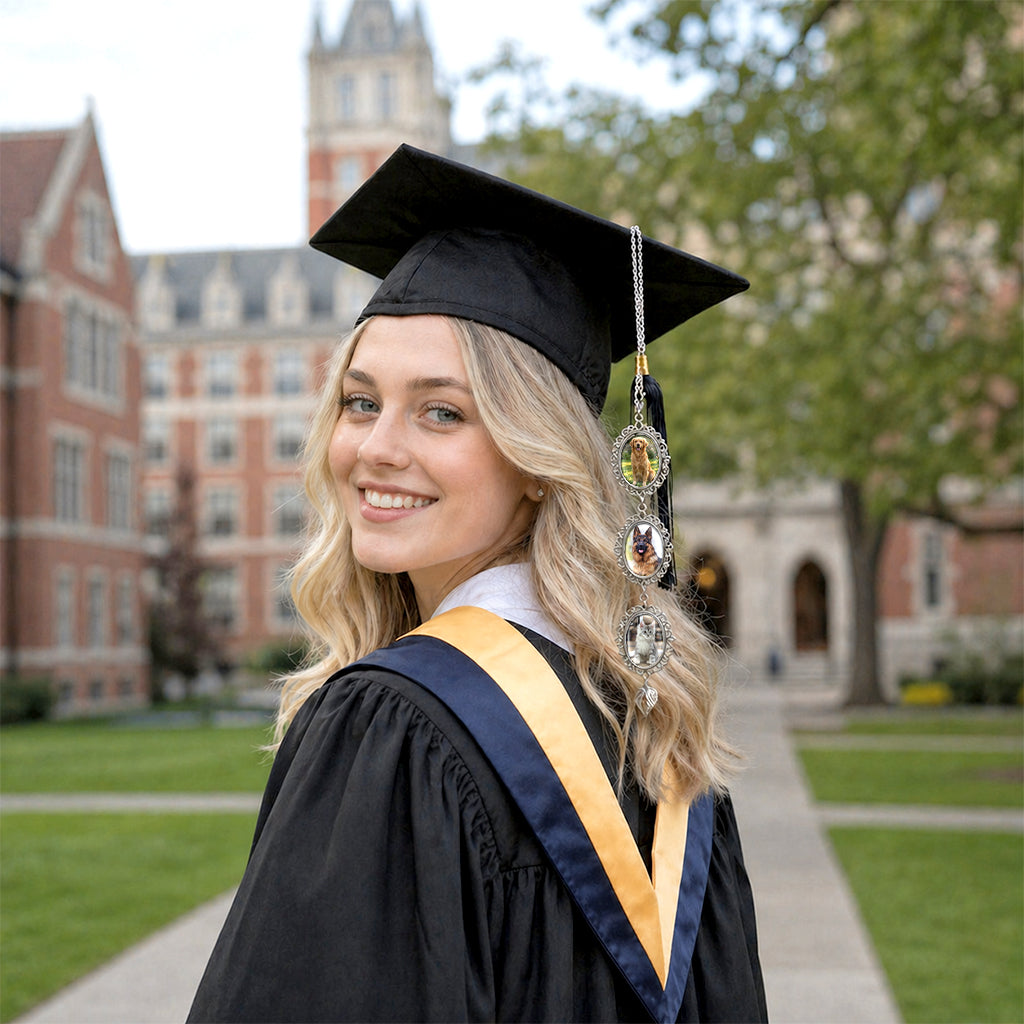 Personalized graduation tassel charm with pet photo attached to a graduation cap tassel