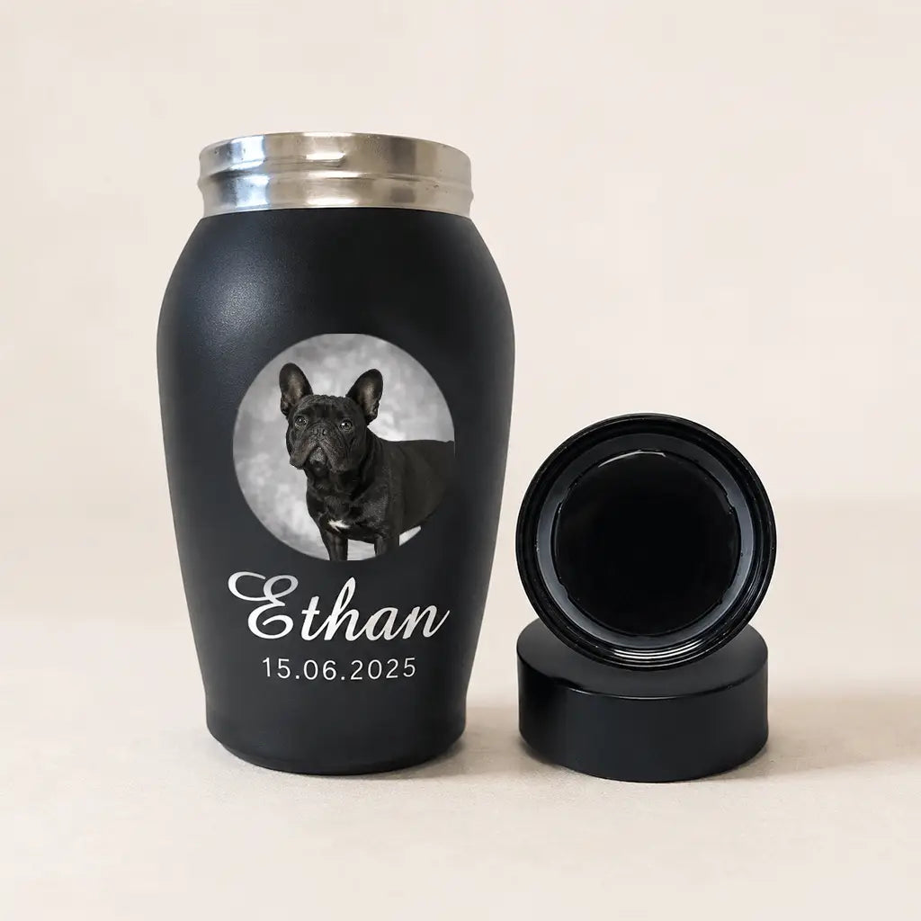 Custom photo dog urn displayed at home as a keepsake memorial for a beloved dog