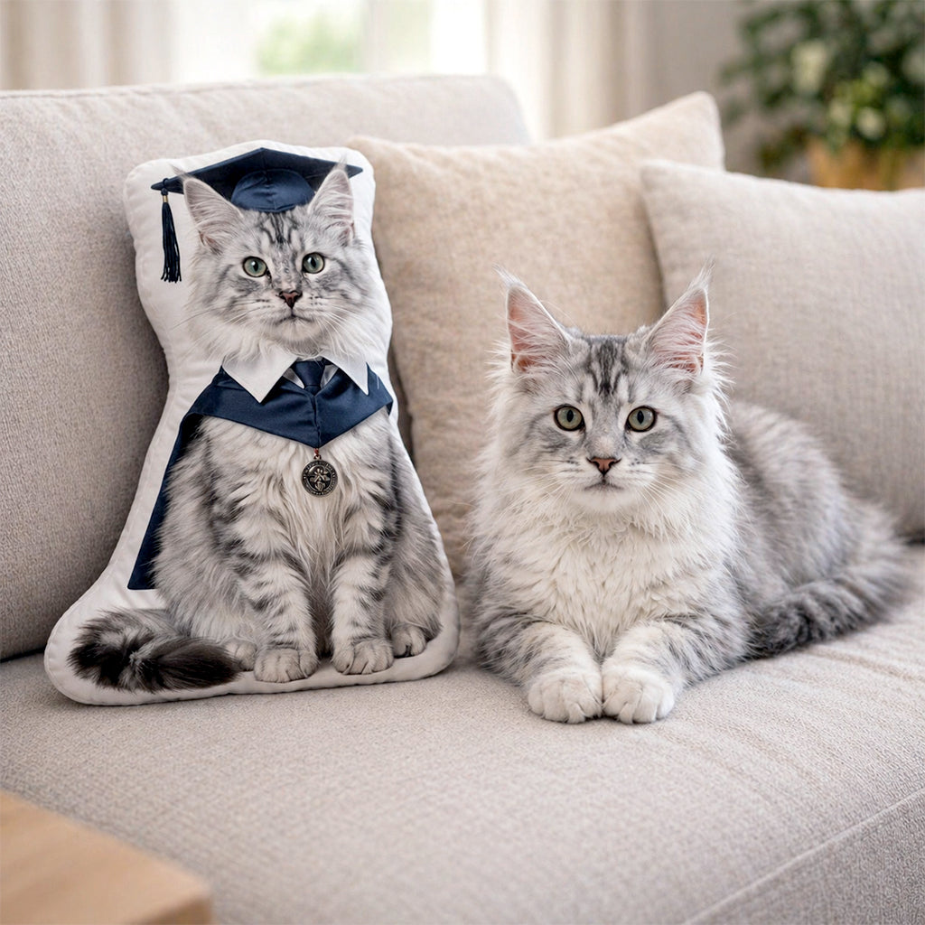 Custom shaped pet graduation pillow shown in 40cm, 50cm, and 60cm size options