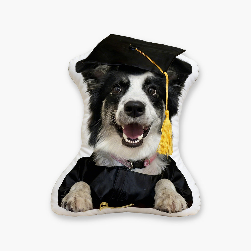 Custom pet portrait graduation pillow with illustrated pet wearing a graduation cap as a personalized gift