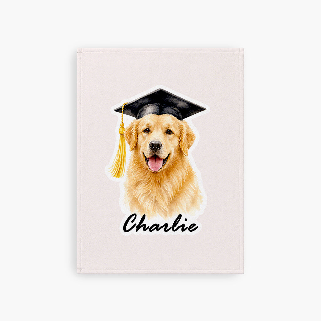 Custom dog graduation blanket folded neatly showing size and soft fleece texture