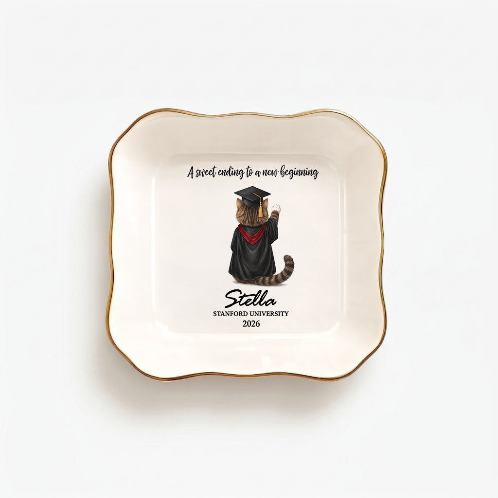 Custom pet graduation jewelry dish with illustrated pet in graduation cap as a ceramic trinket tray