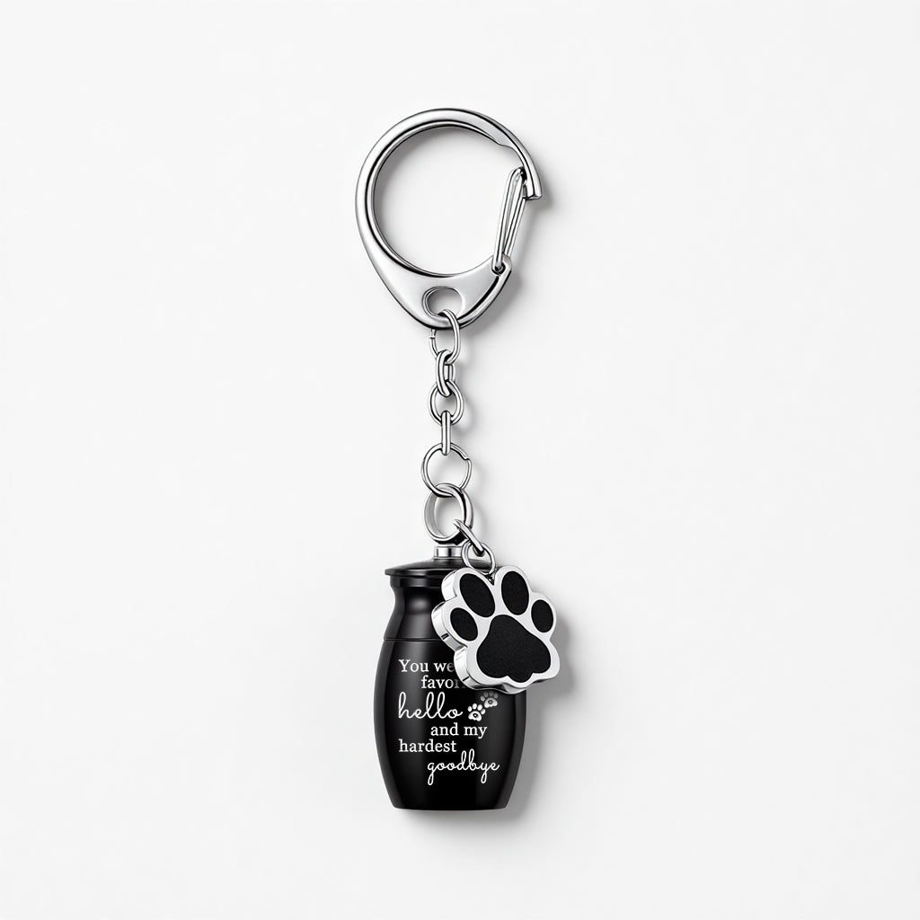 Pet urn keychain in black and silver finish options shown side by side