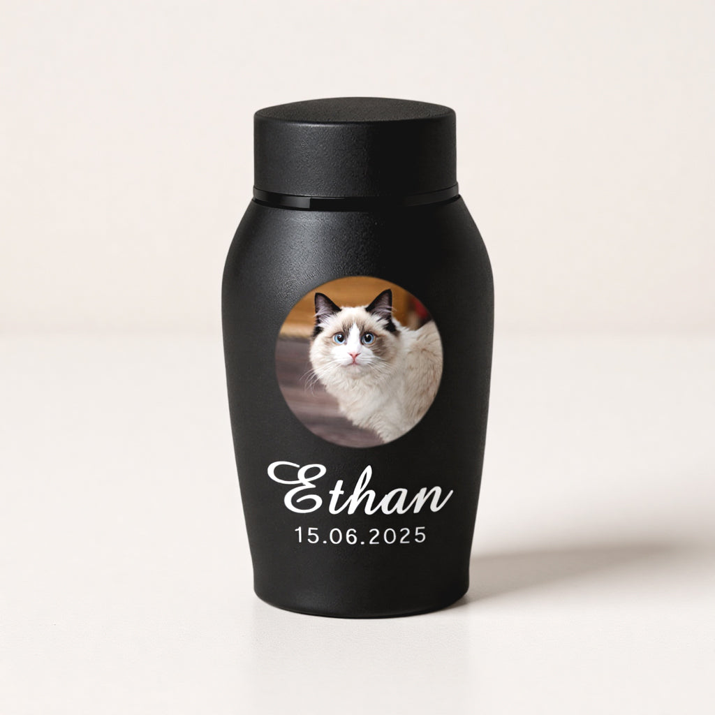 Cat memorial urn shown in small and large size options with engraved photo and name