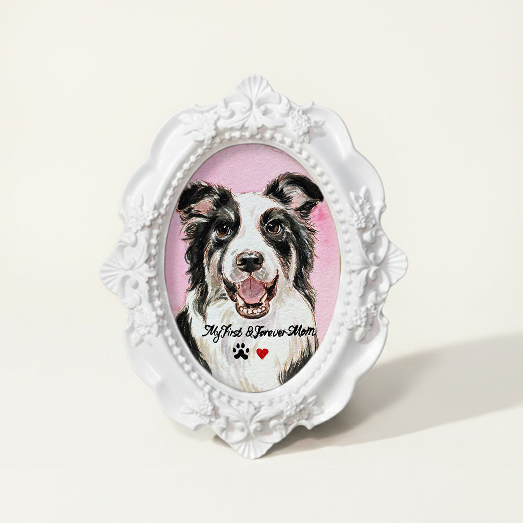 Custom watercolor pet portrait in a clean white frame as a personalized gift for dog moms