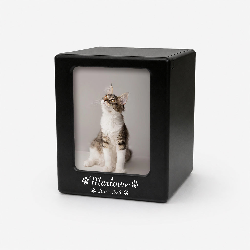 Black wooden cat cremation urn box displayed on a surface as a cat loss memorial keepsake