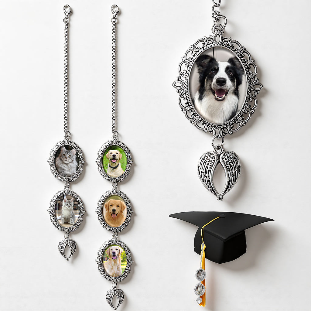 Custom pet photo graduation cap tassel charm with angel wings frame and pet portrait as a keepsake