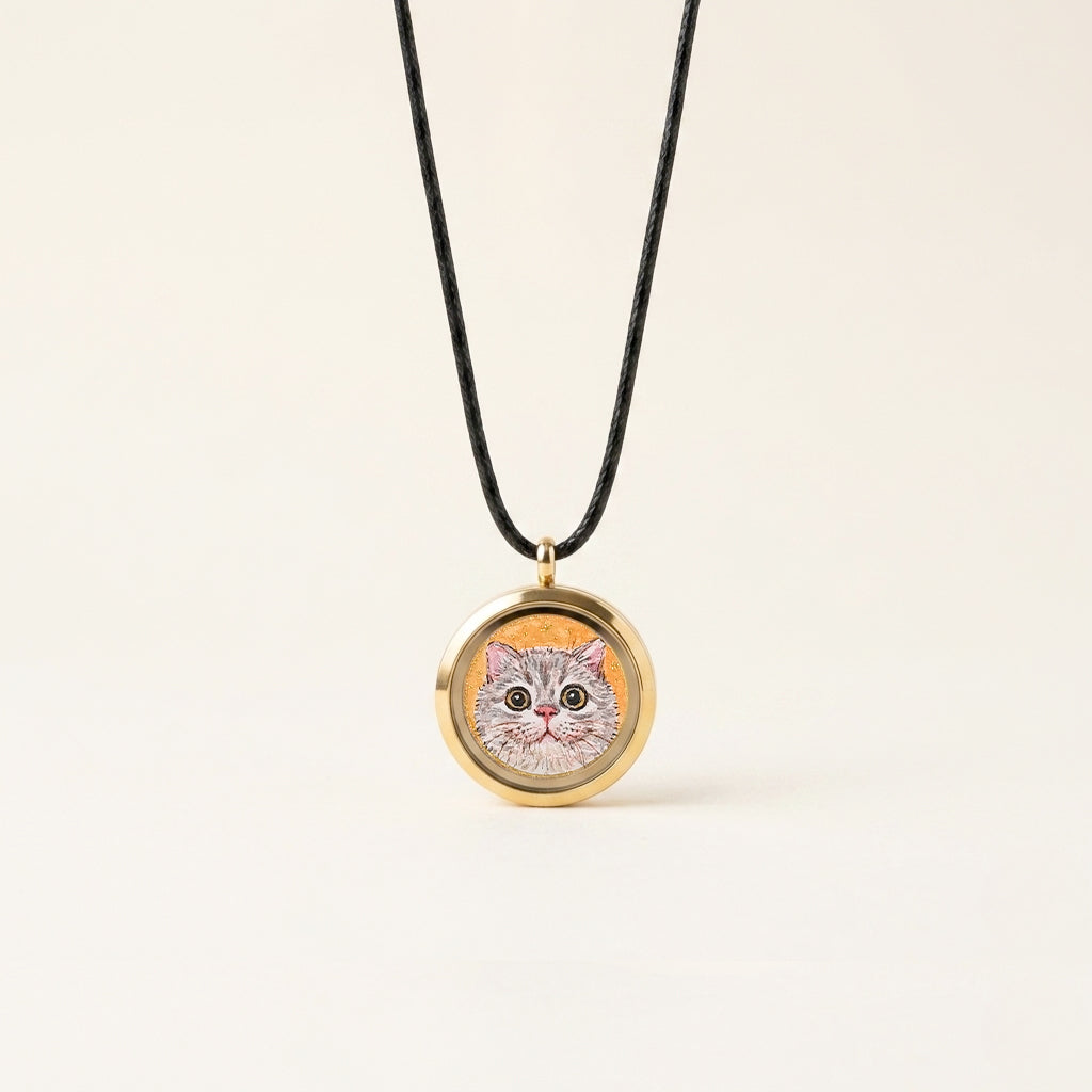 Custom pet portrait locket necklace open showing hand-painted watercolor pet portrait inside
