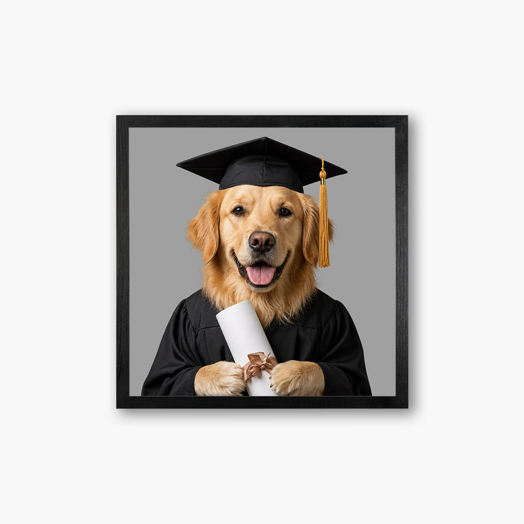 Custom dog graduation portrait on framed wood with dog wearing a cap and gown as a pet graduation gift