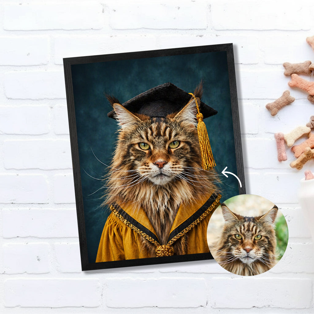 Framed cat graduation portrait on wood displayed on a wall as a funny cat graduation keepsake