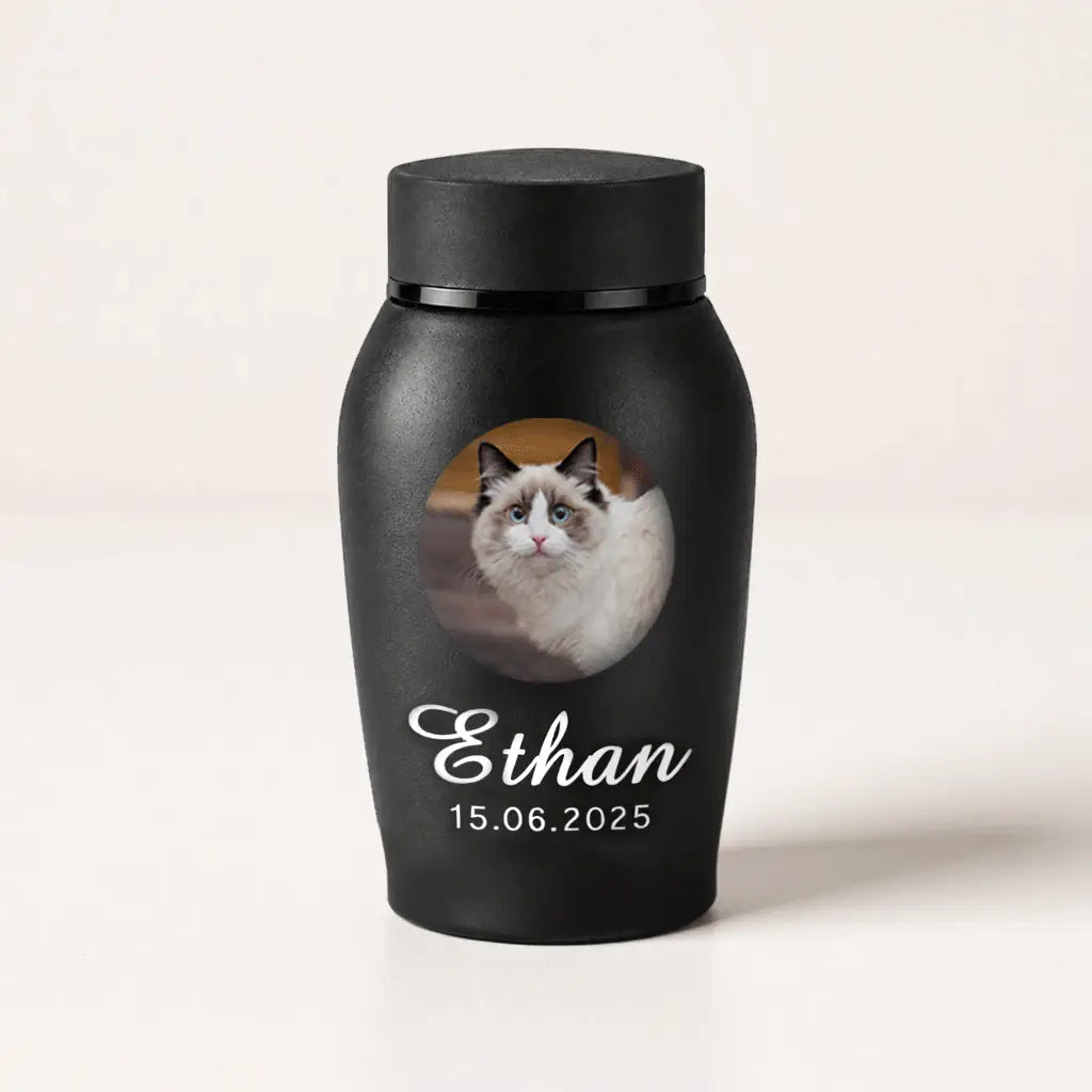 Personalized cat cremation urn with photo presented as a dignified keepsake gift for pet ashes