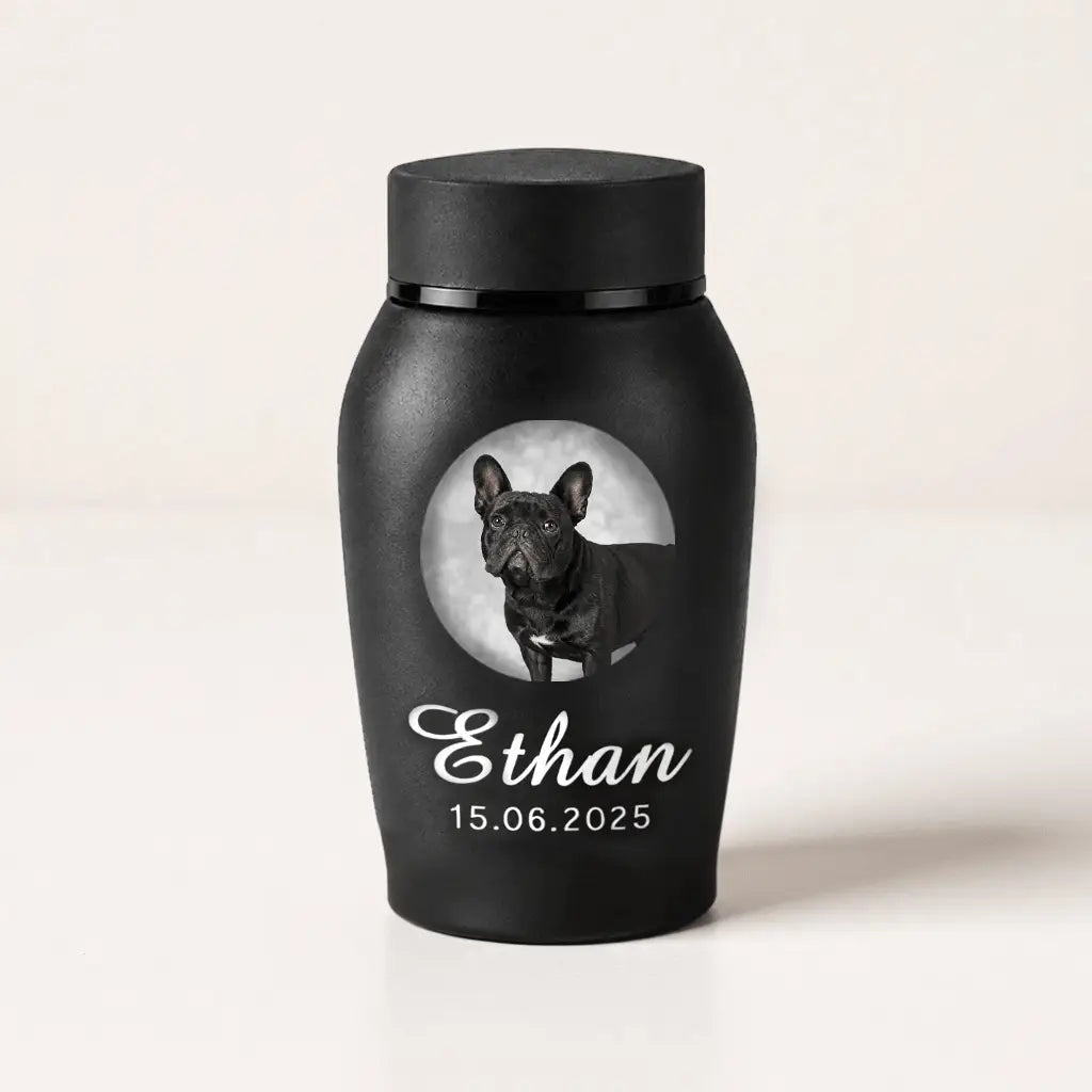 Personalized dog cremation urn with photo presented as a dignified keepsake gift for pet ashes