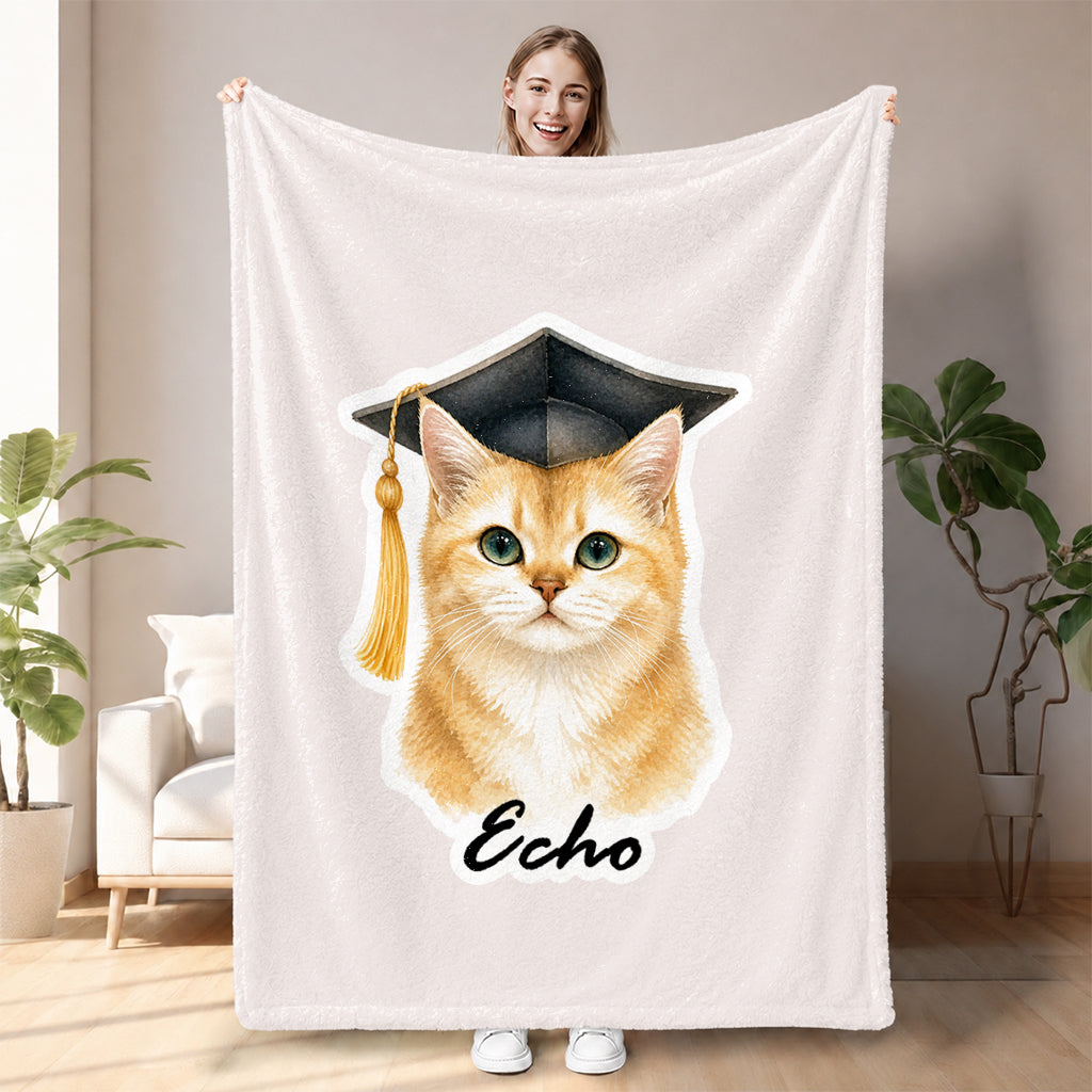 Custom cat graduation blanket with personalized cat photo and graduation cap as a fleece throw gift