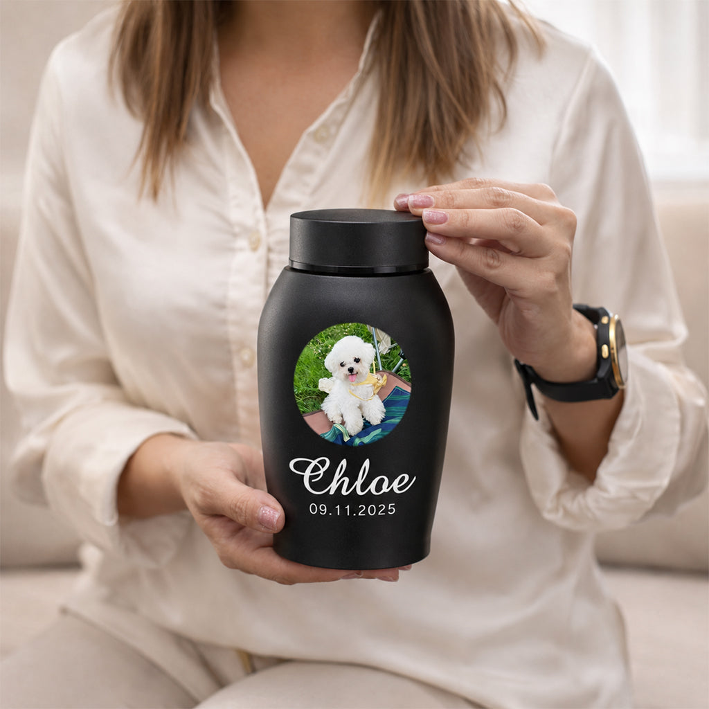 Custom dog urn for ashes displayed on a mantle as a dog memorial gift