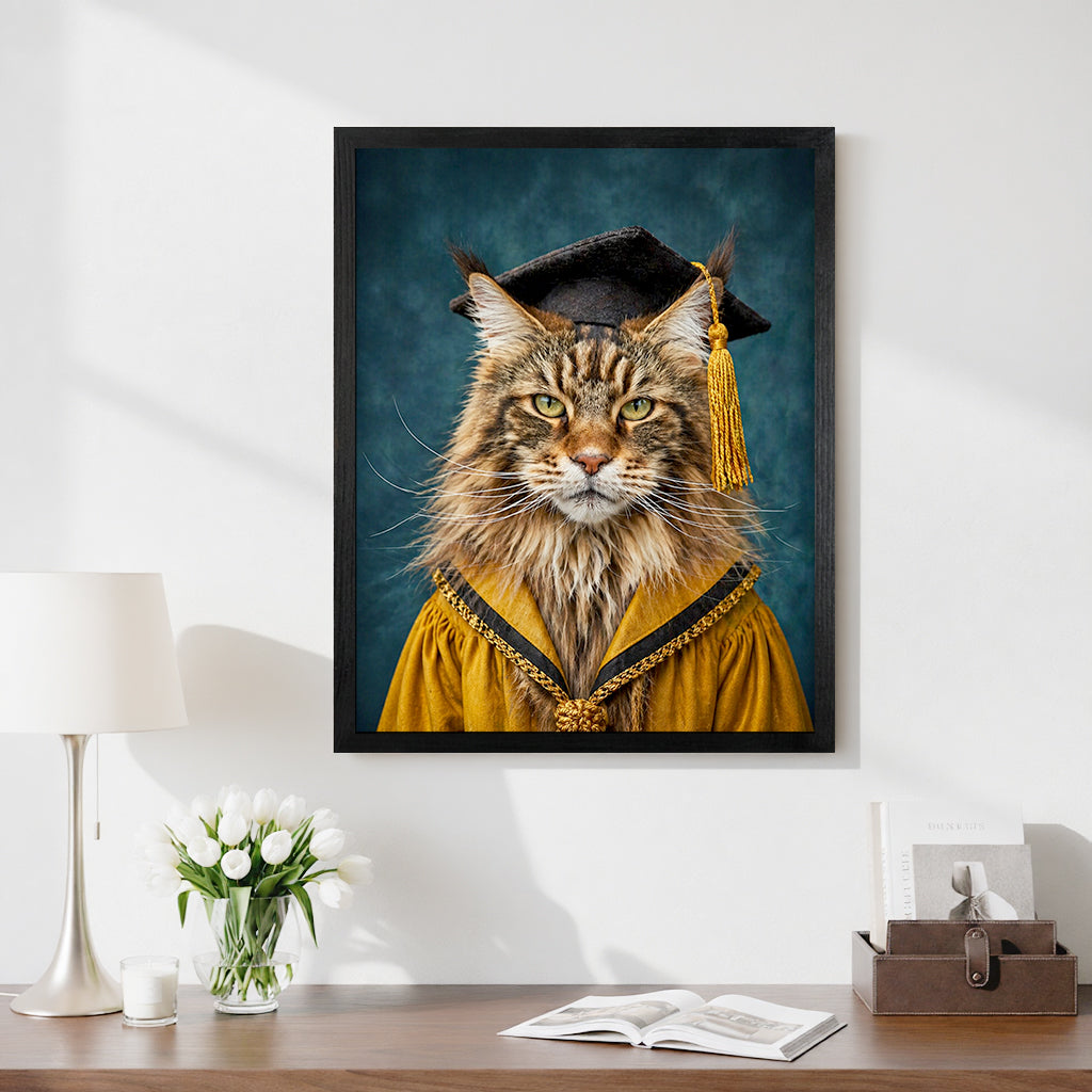 Custom cat graduation wood portrait shown in multiple size options including 7x7 and 16x20