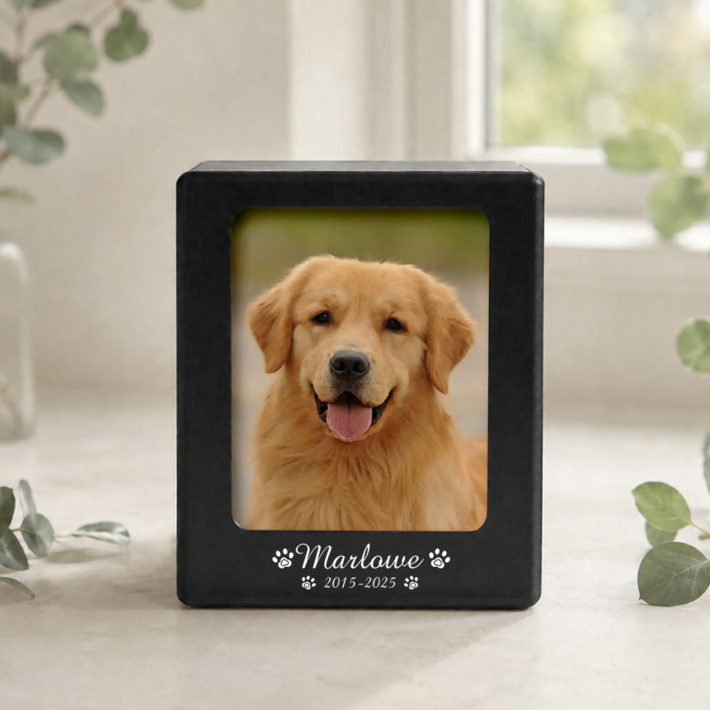 Matte black wooden dog cremation urn box with framed dog photo and crystal name sticker on front