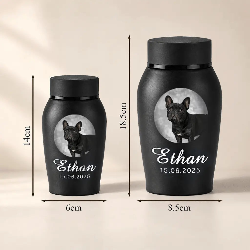 Matte black stainless steel dog cremation urn with secure screw-top lid for safely holding ashes