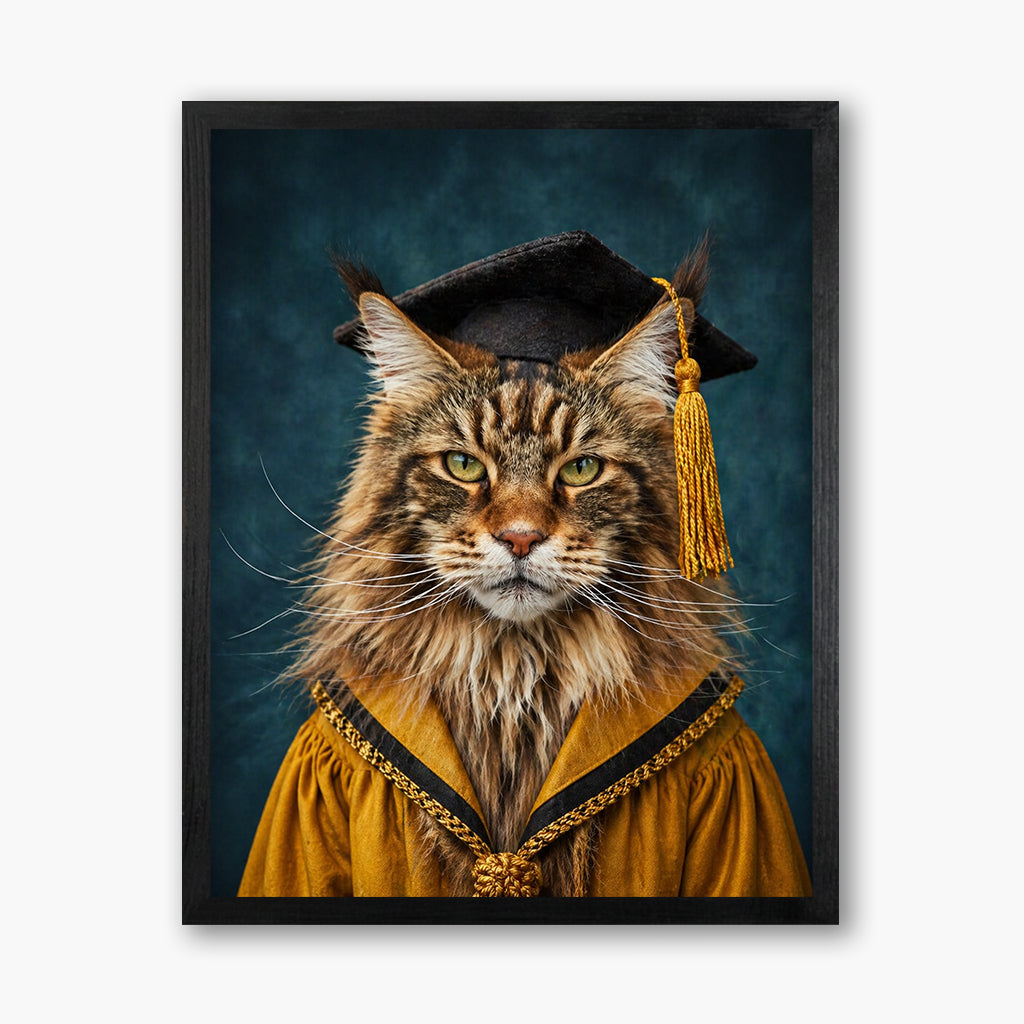 Custom cat graduation portrait on framed wood with cat wearing a cap and gown as a pet graduation gift