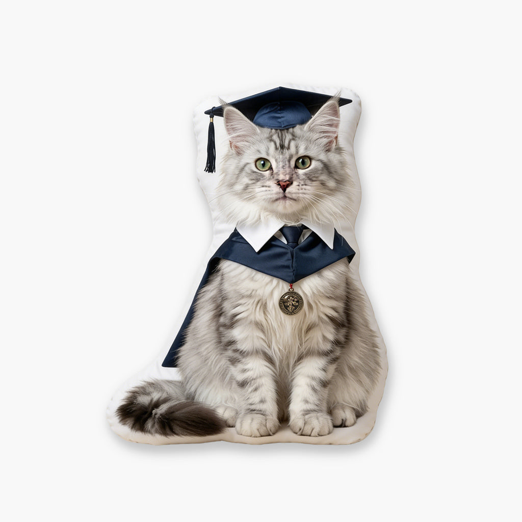 Custom shaped pet graduation pillow cut to full body outline with pet in graduation cap and gown