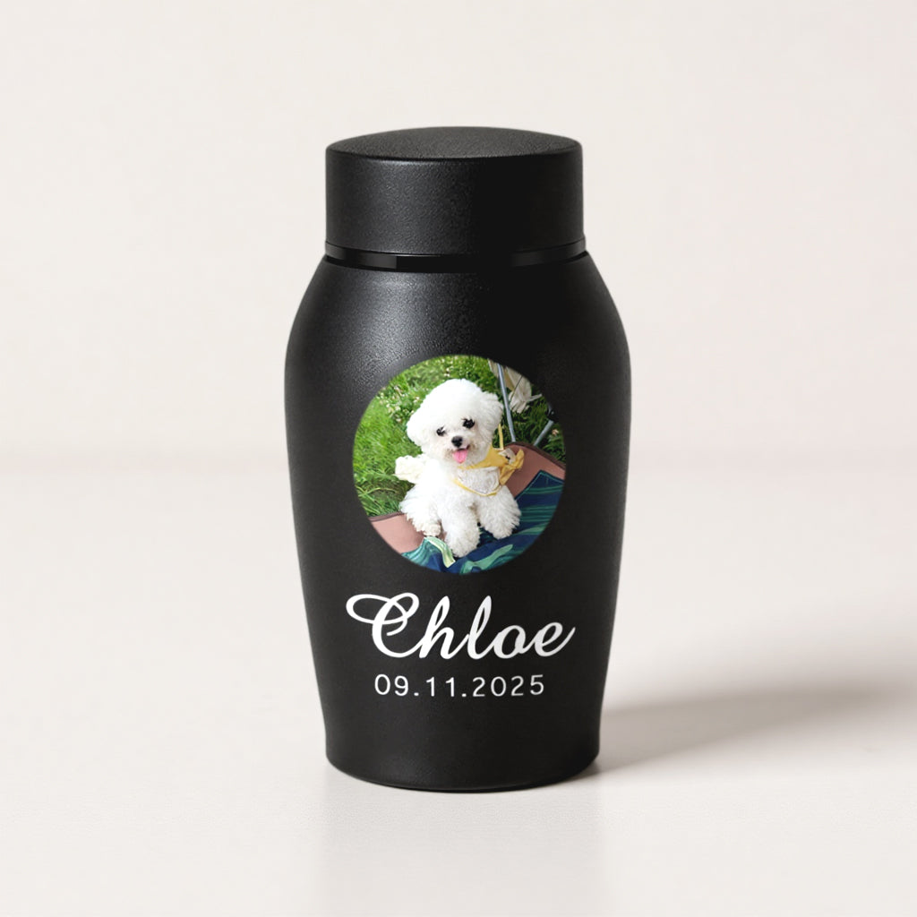 Dog memorial urn shown in small and large size options with engraved photo and name