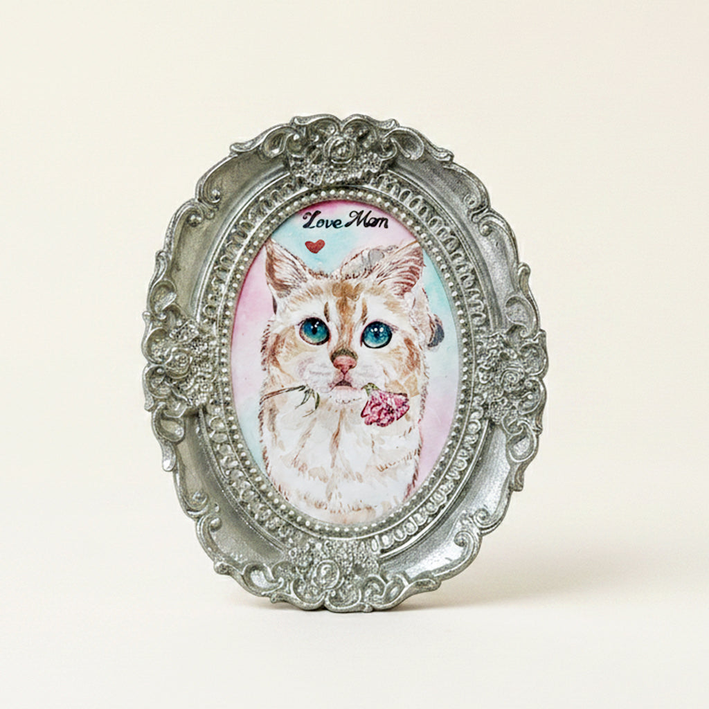 Custom pet portrait watercolor painting in an ornate Victorian oval frame as a personalized gift