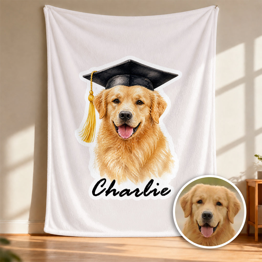 Dog graduation fleece throw draped over a couch showing full personalized dog portrait design