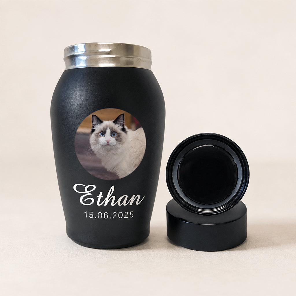 Custom cat urn for ashes displayed on a shelf as a cat memorial gift for a grieving owner
