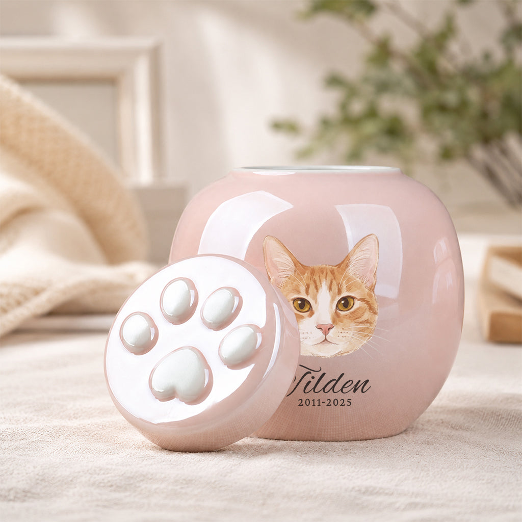 Pink cat cremation urn displayed on a surface as a personalized cat loss memorial keepsake