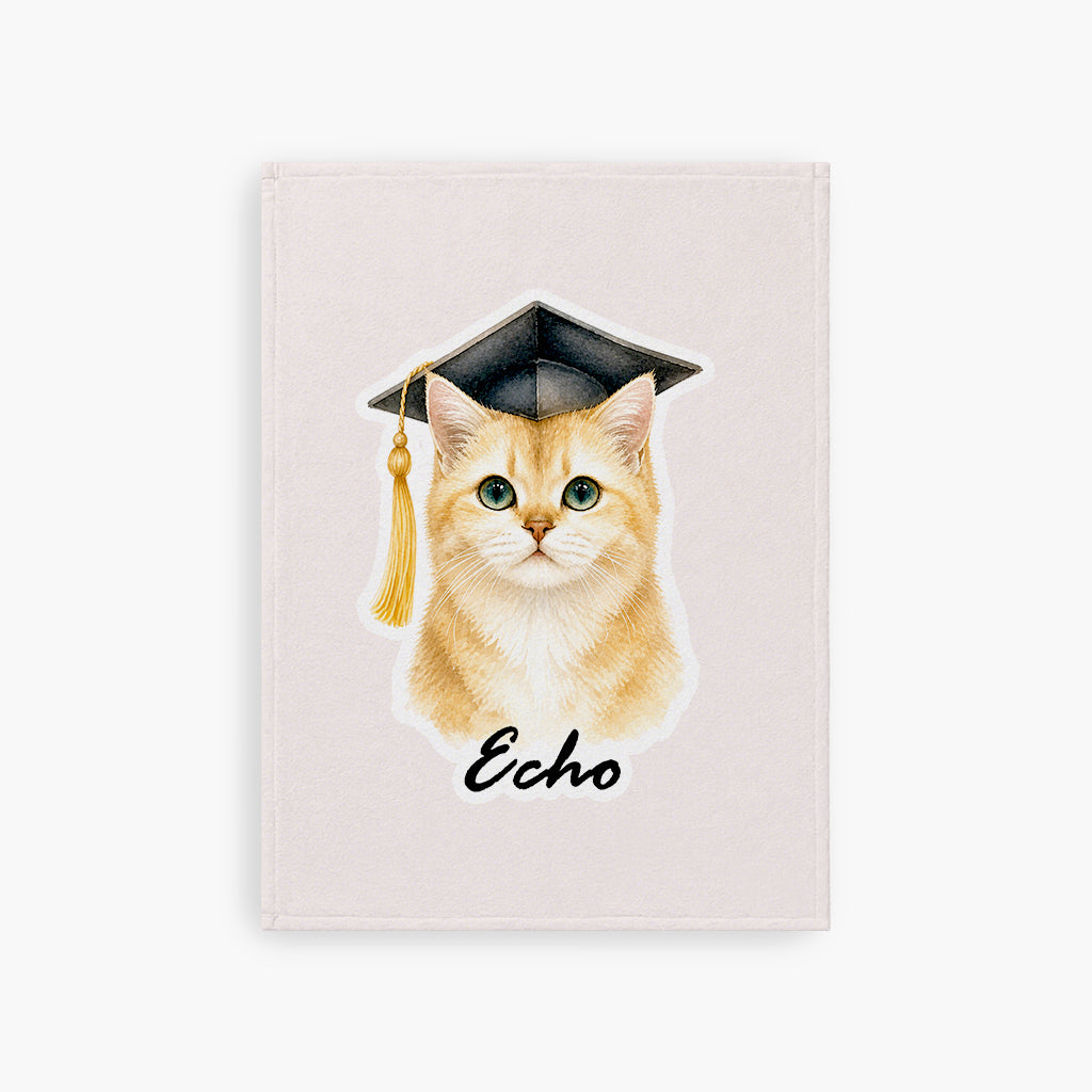 Custom cat graduation blanket folded neatly showing size and soft fleece texture