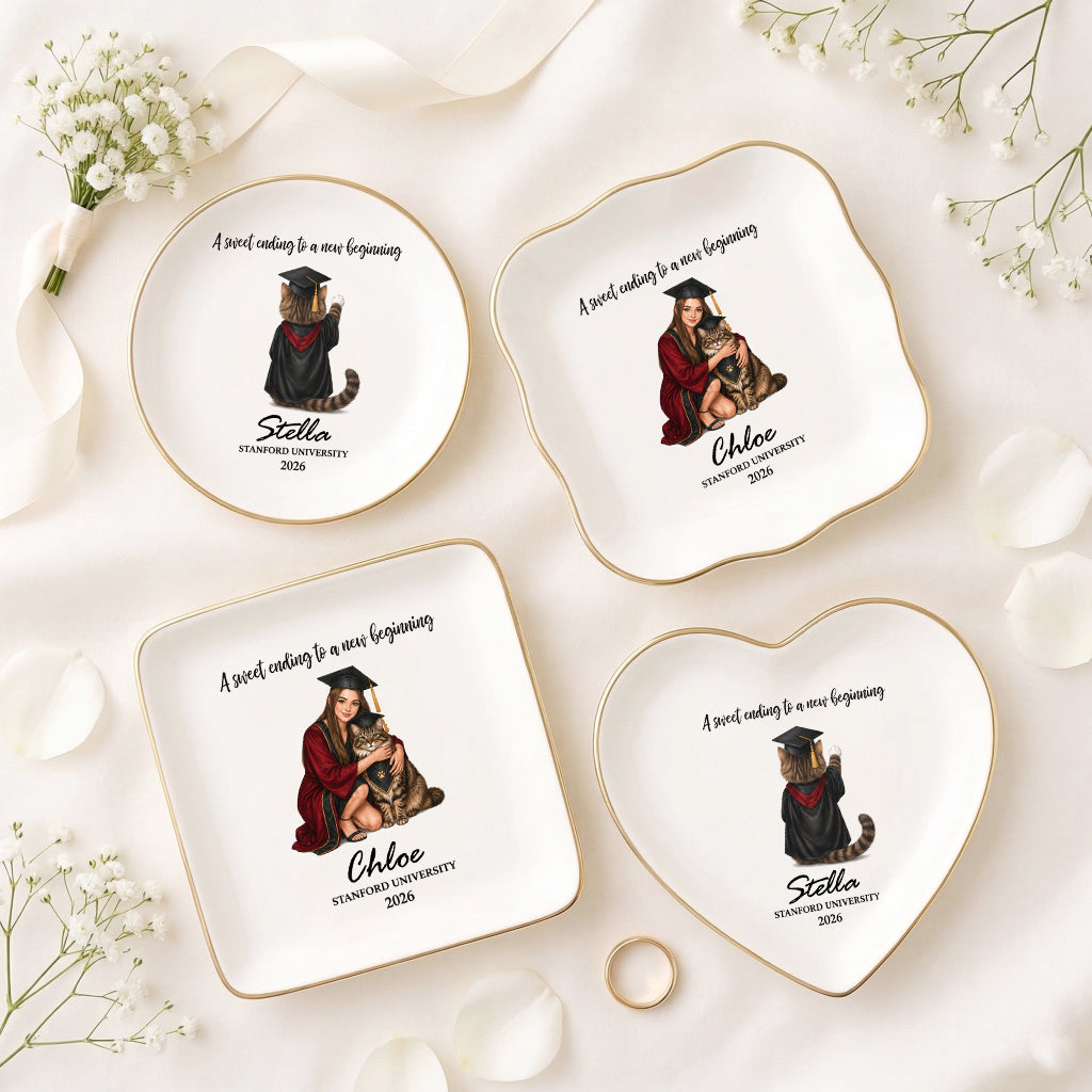 Custom pet graduation trinket tray in round and square shape options side by side