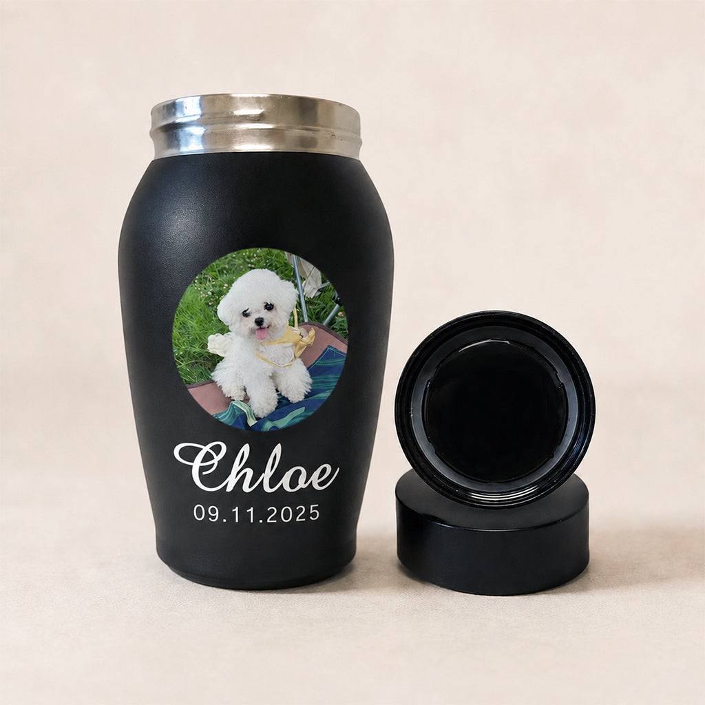 Side view of personalized dog cremation urn showing engraved portrait and finish detail
