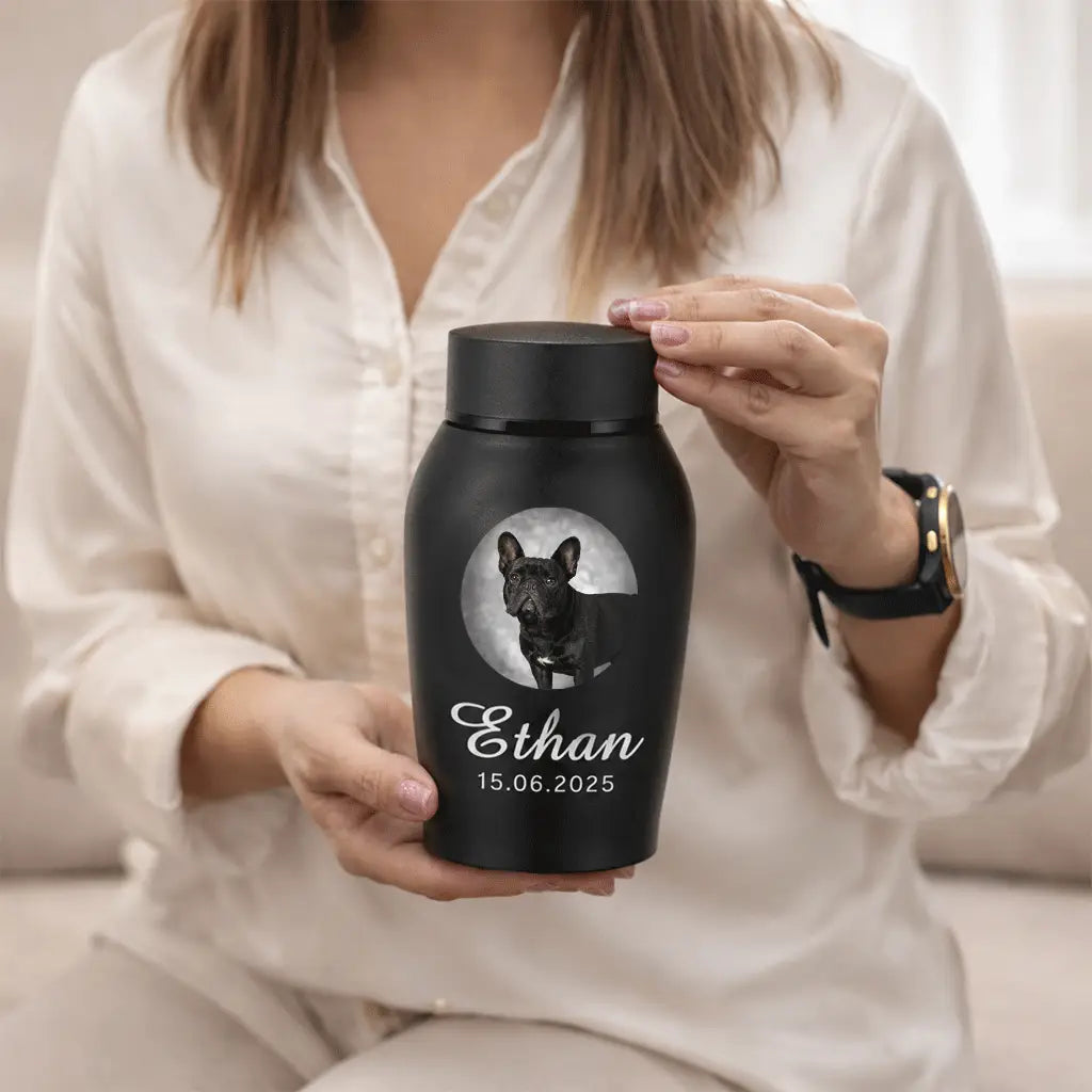 Personalized dog memorial urn for ashes shown in small and large sizes side by side