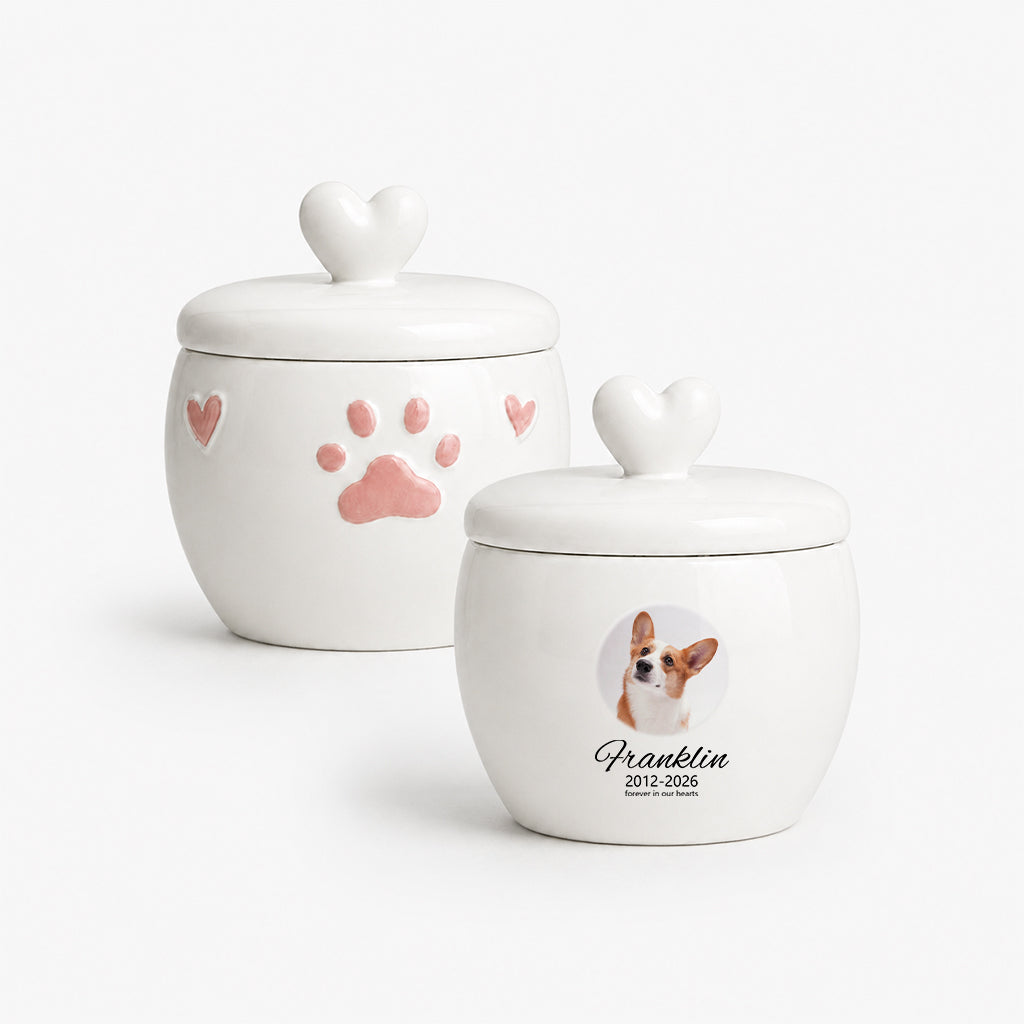 Top-down view of dog photo window urn showing lid opening and ceramic finish detail