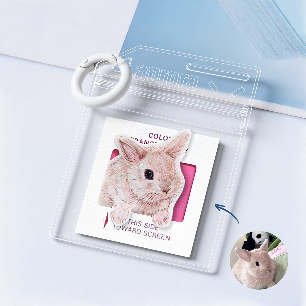 Close-up of watercolor rabbit portrait charm showing fur detail and soft color tones