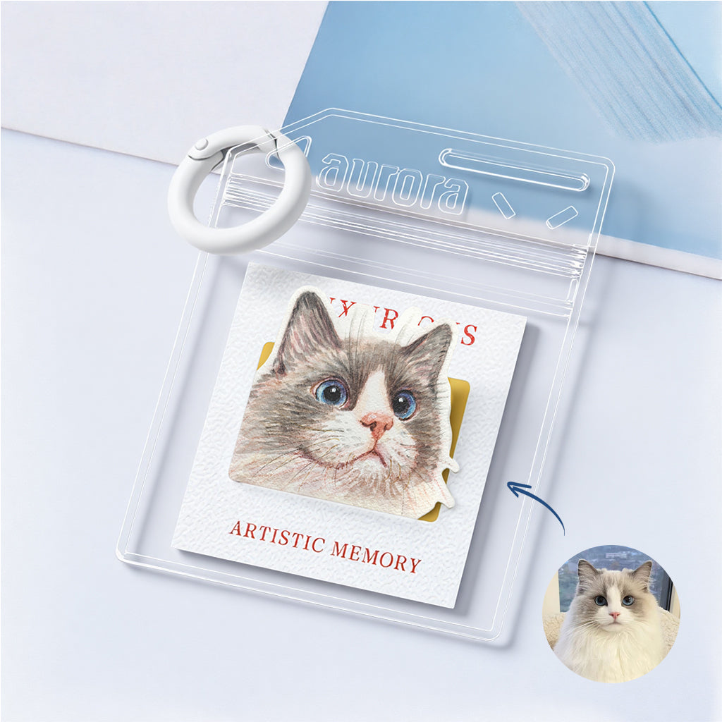 Close-up of watercolor cat portrait charm showing whisker and fur detail in soft color