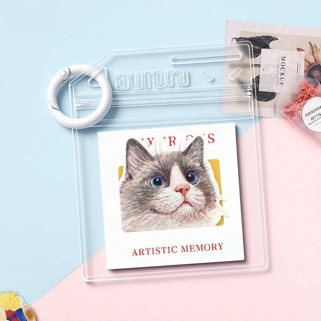 Custom cat watercolor keychain attached to a set of keys showing everyday carry size