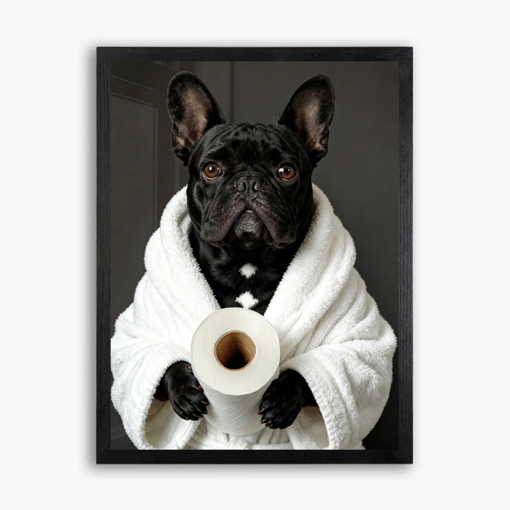 Funny custom pet portrait on wood showing pet in a white bathrobe as humorous bathroom wall art