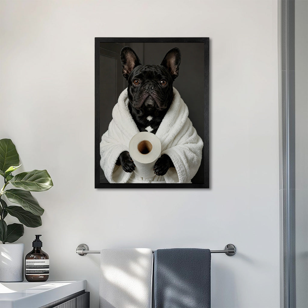 Close-up of pet in cozy robe outfit on a funny custom wood pet portrait print