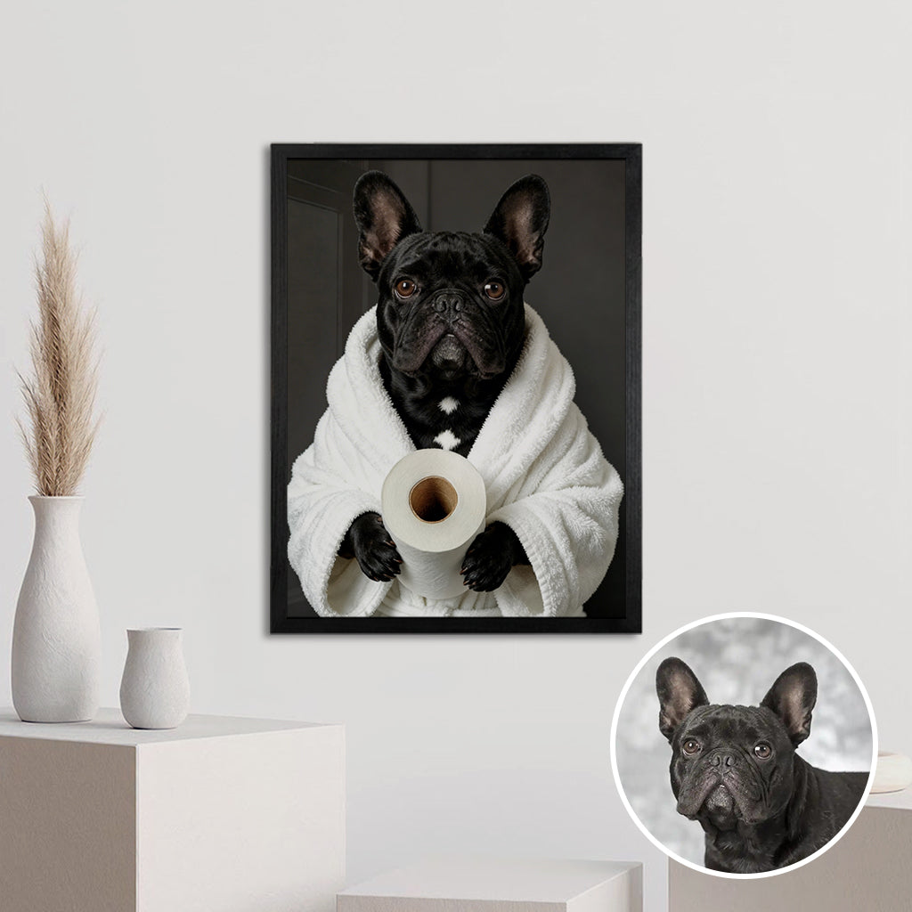 Humorous pet portrait on wood hung in a bathroom setting as a funny personalized home decor piece