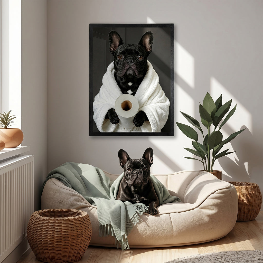Custom funny bathroom pet portrait on wood shown in small and large print sizes