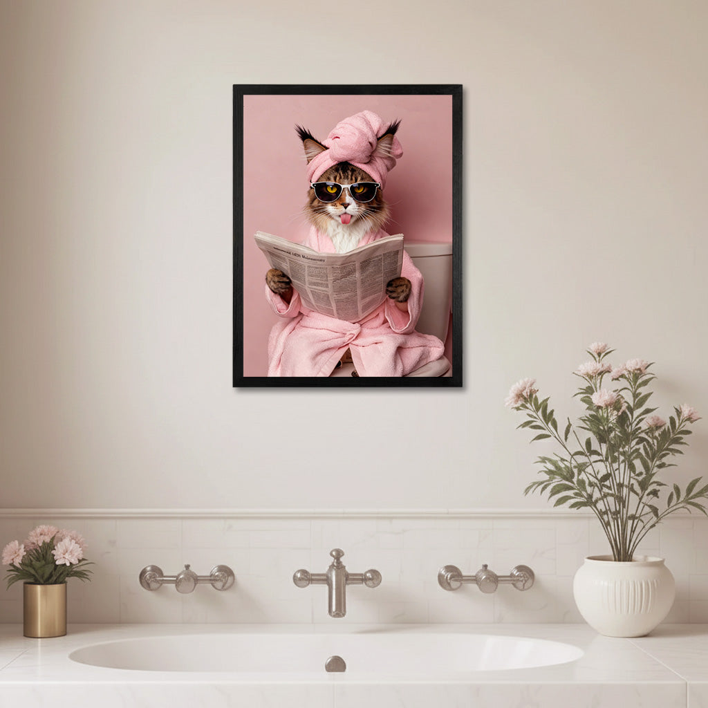 Close-up of spa robe and sunglasses detail on a pink funny pet portrait printed on wood