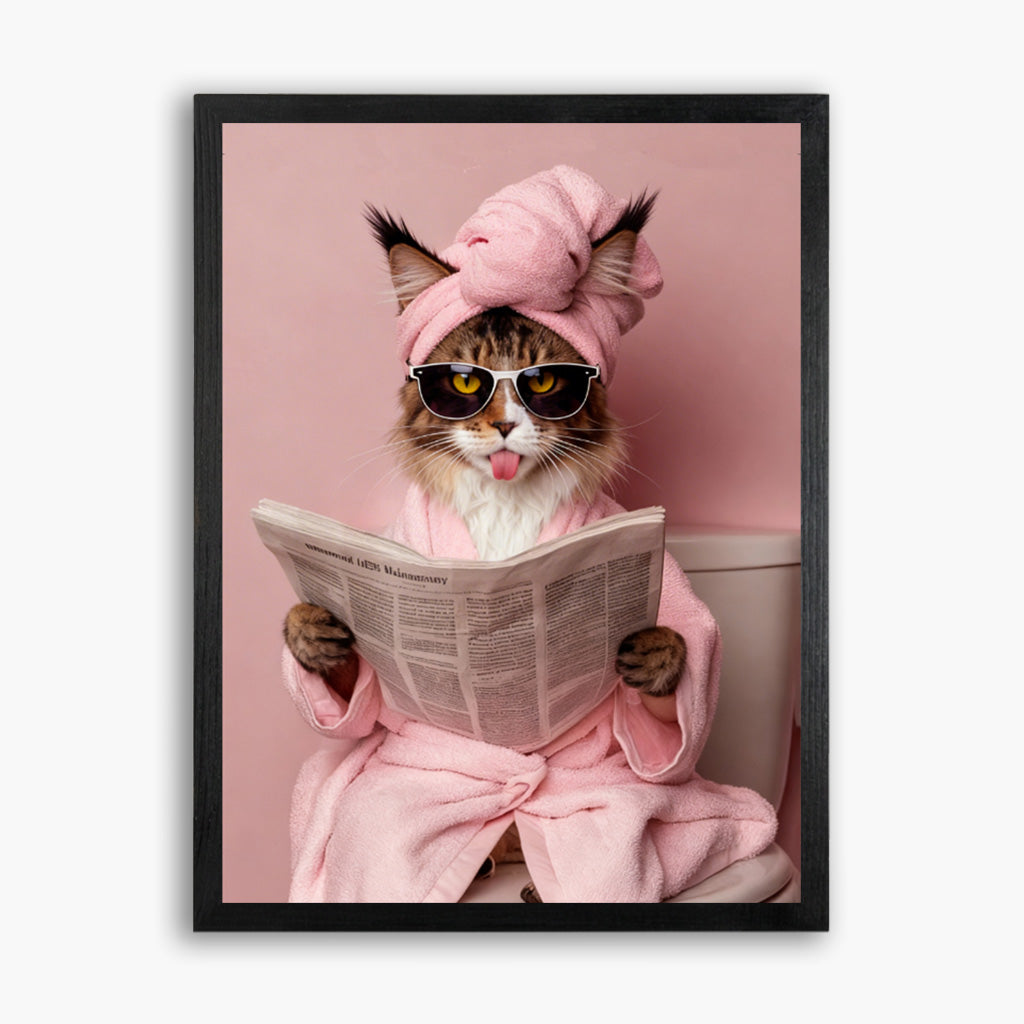 Custom funny pink bathroom pet portrait on wood with pet in spa robe and sunglasses as humorous wall art