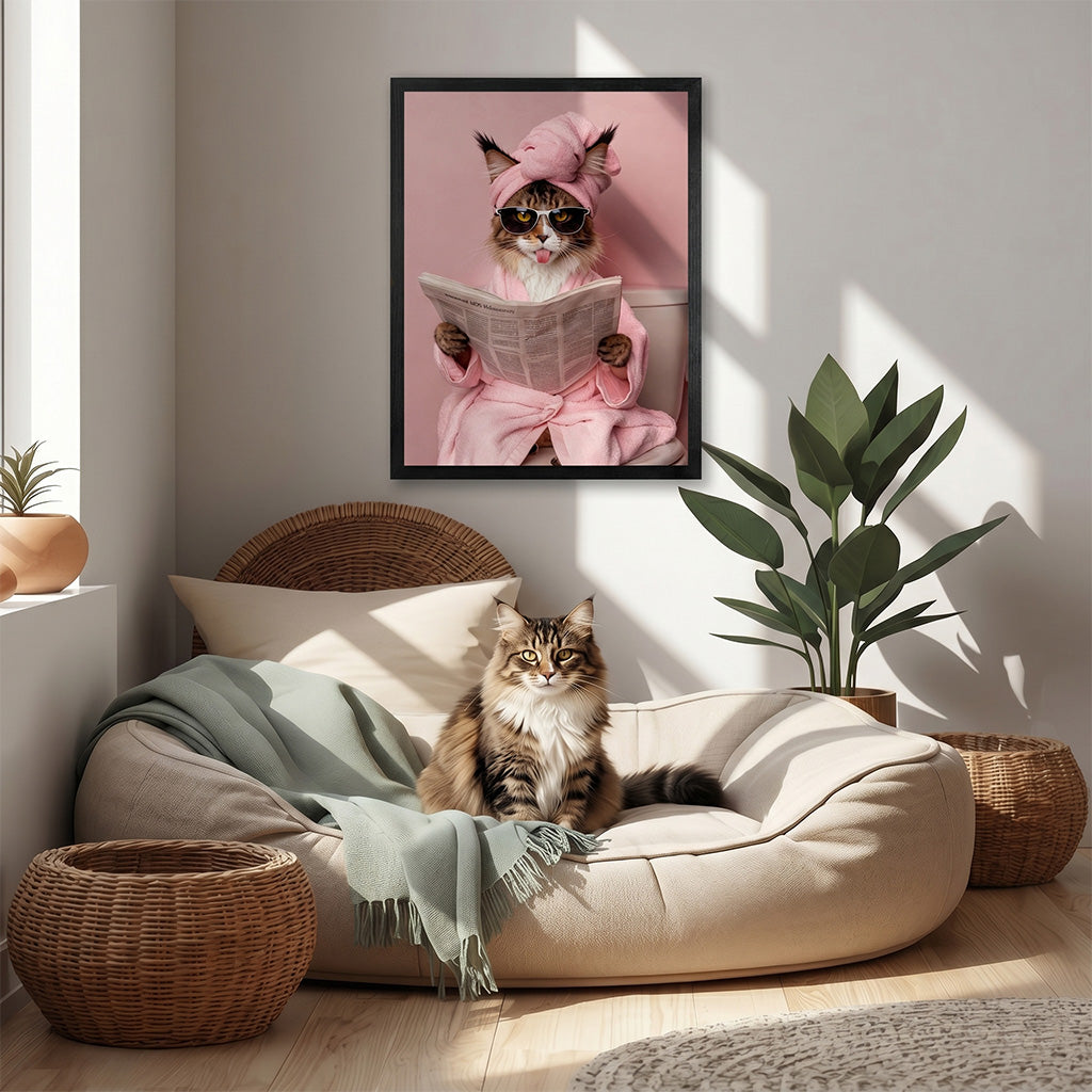 Custom pink bathroom pet portrait on wood shown in small and large size options