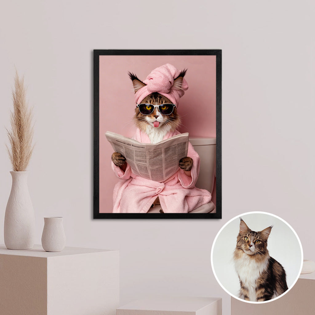 Pink spa-themed custom pet portrait on wood displayed in a bathroom as funny home decor