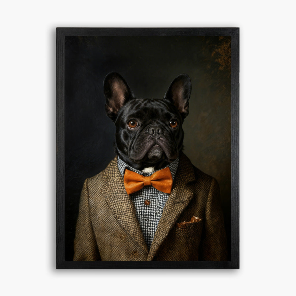 Custom gentleman pet portrait on wood with pet in a dapper vintage suit as personalized wall art