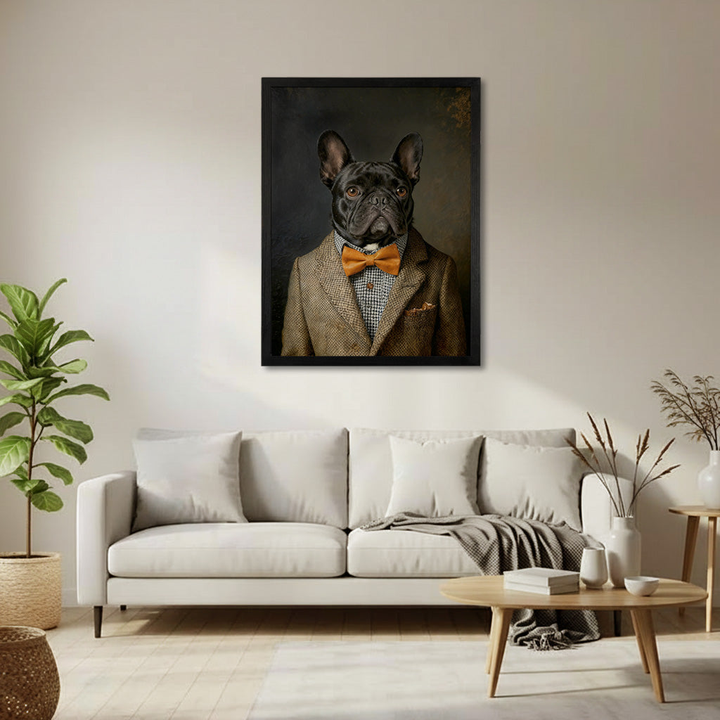Close-up of bow tie and vintage suit detail on a custom gentleman pet portrait printed on wood